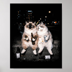 Lustige 2 rauchende Ragdoll-Katzen trinken Bier Me Poster