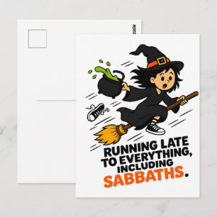 Lustige ADHD-Hexe, die zu spät kommt Halloween Postkarte