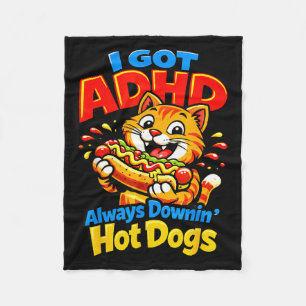 Lustige ADHD-Katze isst immer Hot Dogs Lebensmitte Fleecedecke