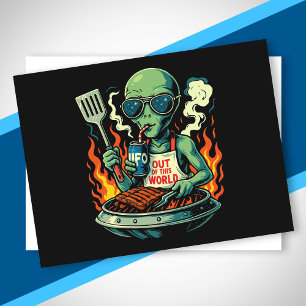 Lustige Alien-BBQ-Illustration Retro-Sci-Fi-Grilla Feiertagspostkarte