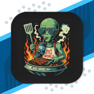 Lustige Alien-BBQ-Illustration Retro-Sci-Fi-Grilla Pappteller