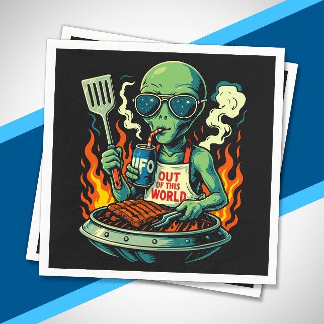 Lustige Alien-BBQ-Illustration Retro-Sci-Fi-Grilla Serviette (Von Creator hochgeladen)