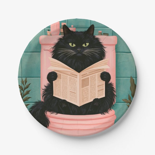 Lustige Badezimmer-Schwarze Katze  Pappteller (Vorderseite)