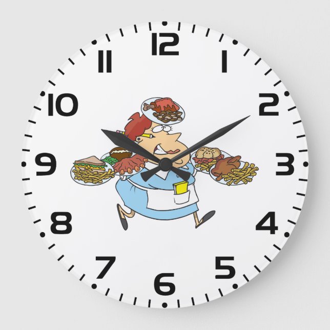 Lustige beschäftigte Kellnerin überarbeiteter Serv Große Wanduhr (Vorderseite)
