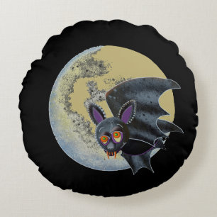 Lustige betrunkene Halloween-Vollmond-Fledermaus Rundes Kissen