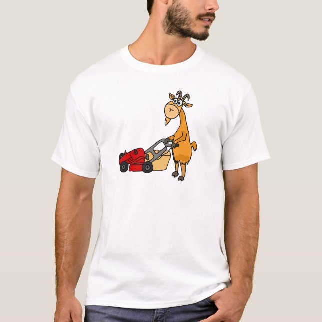 Lustige Billy-Ziege, die Rasenmäher-Cartoon drückt T-Shirt (Vorderseite)
