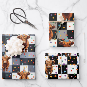Lustige blaukarierte Highland-Kuh-Geburtstag Geschenkpapier Set