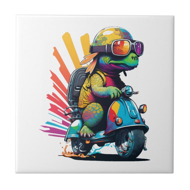 Lustige Bunte Schildkröte Auf Einem Roller Fliese (Vorderseite)