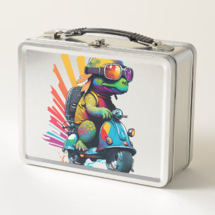 Lustige bunte Schildkröte auf einem Roller Metall Brotdose