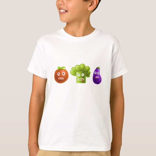 Lustige Cartoon-Gemüse-Brokkoli-Tomate-Aubergine T-Shirt (Vorderseite)