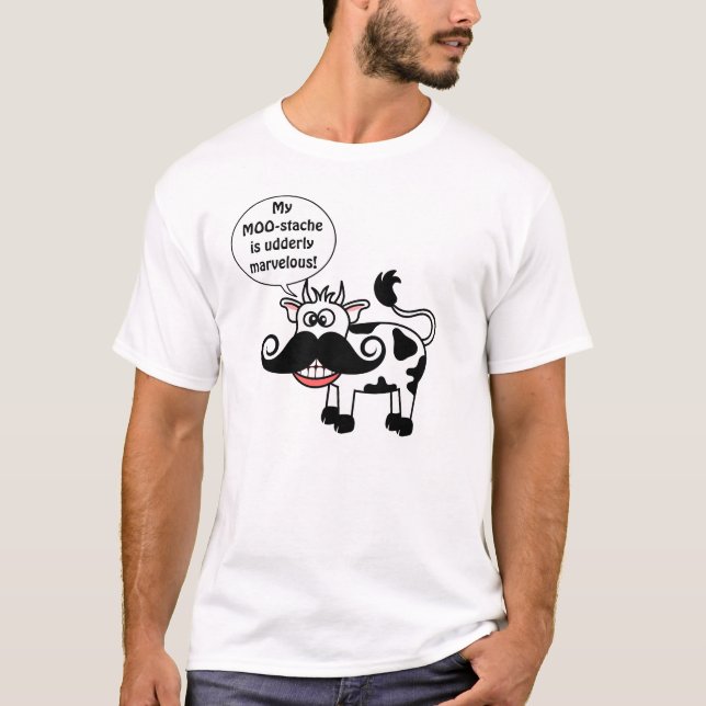Lustige Cartoon-Kuh-gelocktes Schnurrbart-Lächeln T-Shirt (Vorderseite)