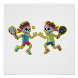 Lustige Cartoon-Skelette beim Padel-Tennis – 3D  Poster