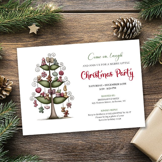 Lustige Cartoon-Weihnachtsbaum-Einladung zur Weihn Einladung (Funny cartoon tree editable Christmas invitation)