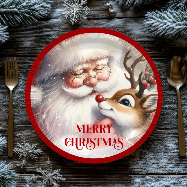 Lustige Cartoon-Weihnachtsmann-Rudolph-Essensplatt Pappteller (Fun Cartoon Santa Claus Rudolph Dinner Plates)