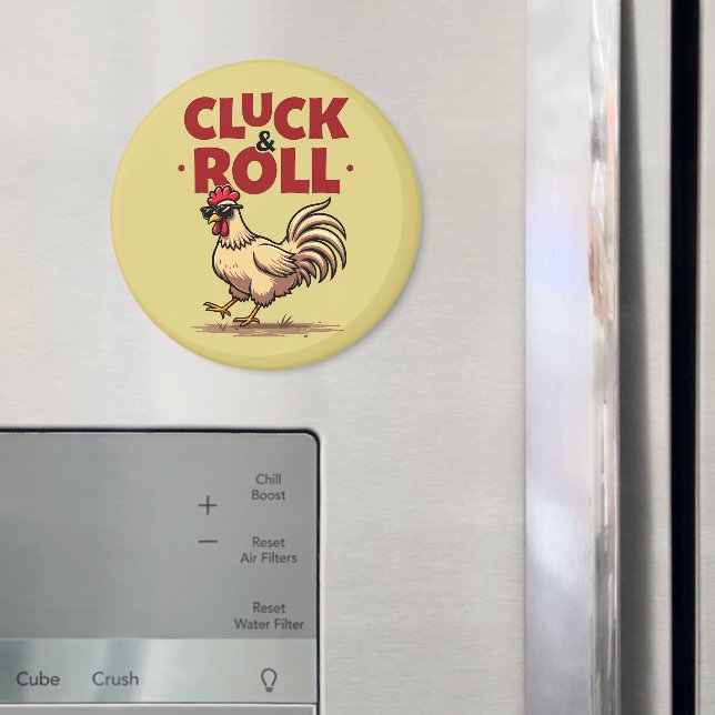 Lustige "Cluck & Roll" Coole Hahn Cartoon Gestaltu Magnet (In Situ (Kühlschrank))