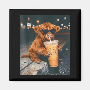 Lustige, coole Highland-Kuh, die kalten Kaffee tri Magnet