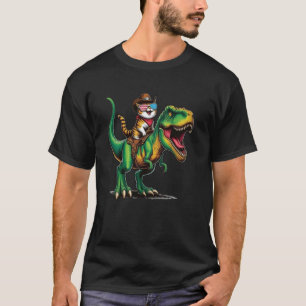 Lustige Cowboy-Katze Reitet Dinosaurier USA-Flagge T-Shirt