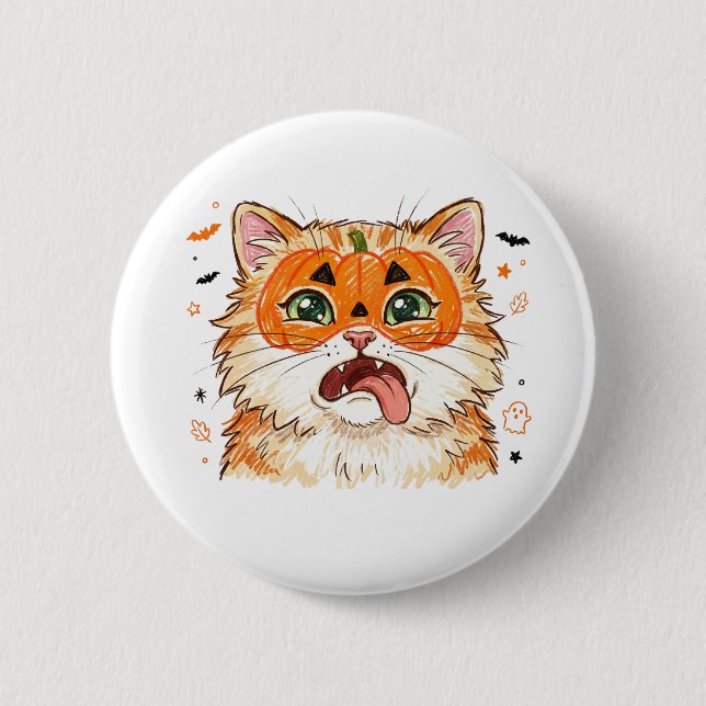 Lustige Derpy Halloween-Katze mit Kürbis-Gesichtsb Button (Vorderseite)