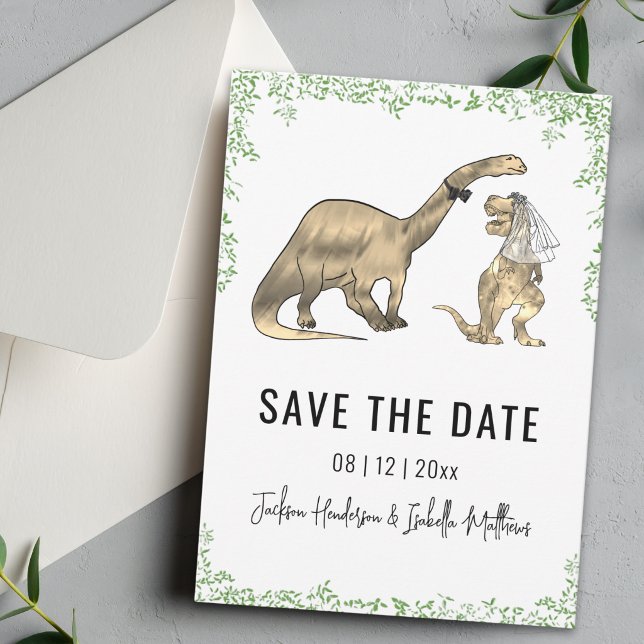 Lustige Dinosaurier-Hochzeit Grün Save The Date (Funny T-Rex bride Brontosaurus groom Dinosaur wedding save the date Watercolor foliage)