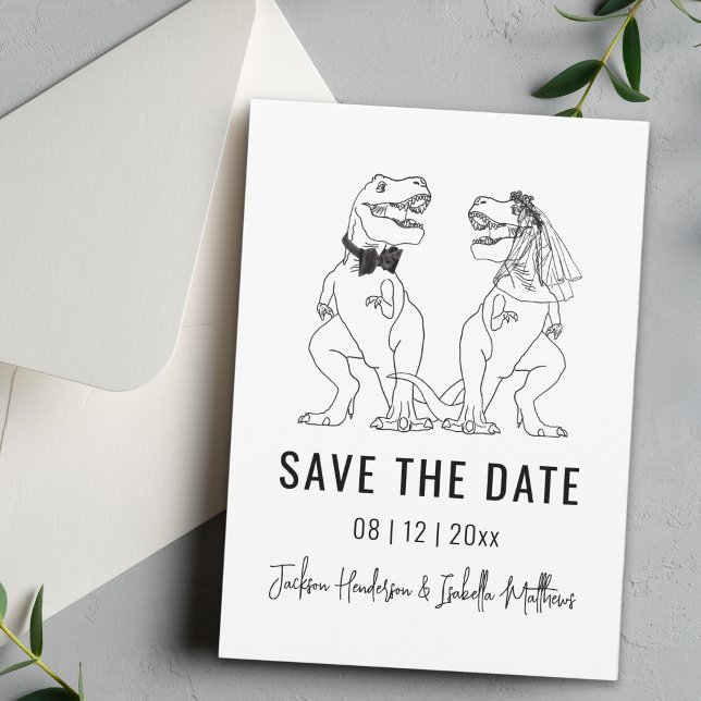 Lustige Dinosaurier-Hochzeit Save The Date (Funny Dinosaur wedding save the date simple T-Rex bride and Groom black and white line art card)