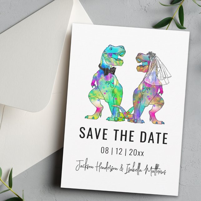 Lustige Dinosaurier Hochzeit Save The Date (Funny T-Rex bride and groom Dinosaur wedding save the date Colorful vibrant psychedelic dino)
