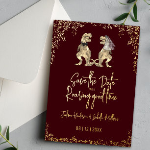 Lustige Dinosaurier Hochzeit Save the Date Bordeau Folieneinladung