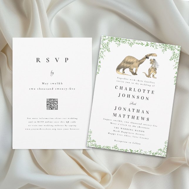 Lustige Dinosaurier-Hochzeits-QR-Code Einladung (Funny dinosaur bride and groom Jurassic wedding qr code invitation Watercolor foliage elegant script)