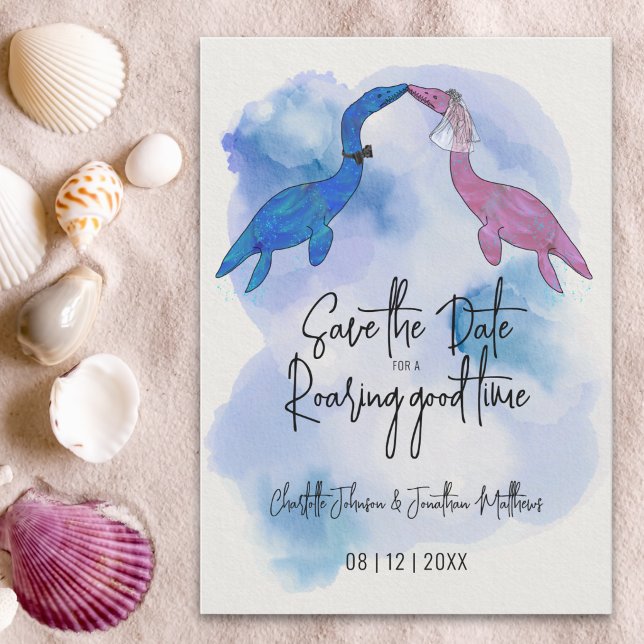 Lustige Dinosaurier-Strandhochzeit - Save the Date (Funny save the date for a roaring good time dinosaur wedding Watercolor beach wedding)