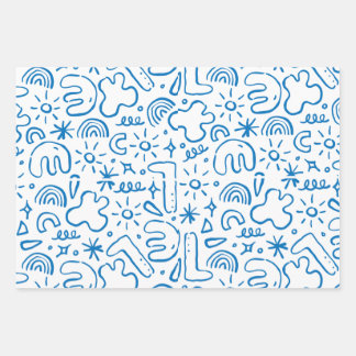 lustige Doodle-Zeichnungen, navy, pastellblau und  Geschenkpapier Set