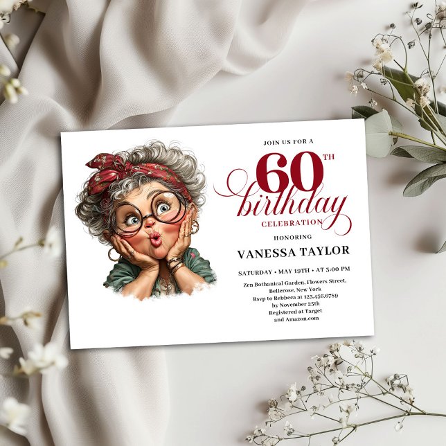 Lustige Einladung zum sechzigsten Geburtstag Desig (Funny Sixty Birthday Invite Old Lady Party Design)