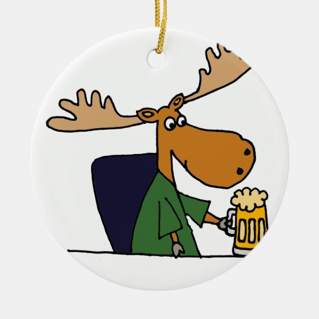 Lustige Elch-trinkender Bier-Cartoon Keramikornament (Vorne)