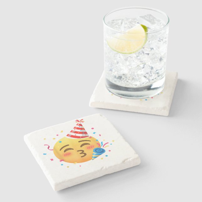 Lustige Emoticon-Party Steinuntersetzer (Seitenansicht)
