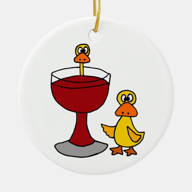 Lustige Enten mit Rotwein-Glas Keramik Ornament (Vorne)