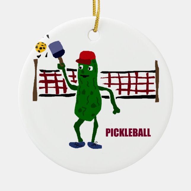 Lustige Essiggurke, die Pickleball mit Nettokunst Keramikornament (Vorne)