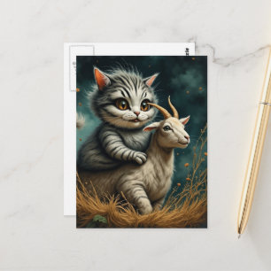 Lustige Fantasie: Katze reitet auf einer Ziege auf Postkarte