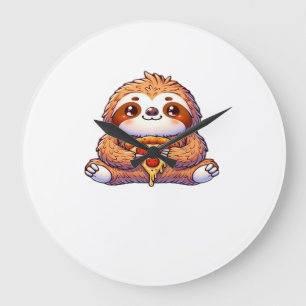 Lustige Faultier essen Pizza, Kawaii Tierliebhaber Große Wanduhr