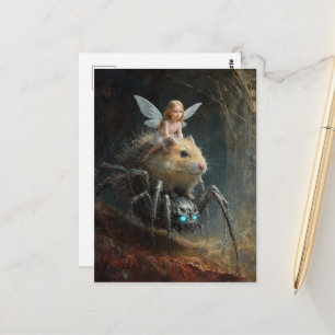 Lustige Fee reitet auf einem Hamster, der eine Spi Postkarte