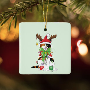 Lustige Festliche Grüne Calico-Weihnachtskatze Keramikornament
