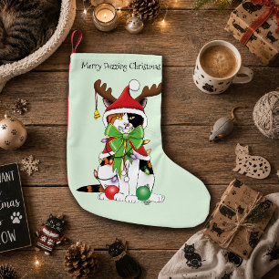 Lustige Festliche Grüne Calico-Weihnachtskatze Kleiner Weihnachtsstrumpf