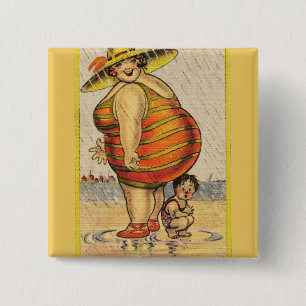 Lustige fette Dame am Strand Button