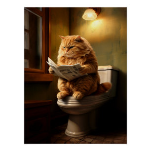 Lustige fette Katze liest Zeitung auf der Toilette Poster