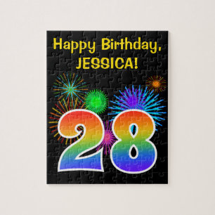 Lustige Feuerwerk + Regenbogenmuster "28" Geburtst Puzzle