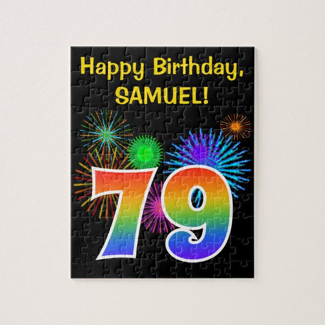 Lustige Feuerwerk + Regenbogenmuster "79" Geburtst Puzzle (Vertikal)