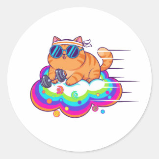 Lustige Fitnesskatze hebt Hantel auf Regenbogenwol Runder Aufkleber