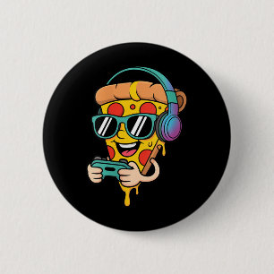 Lustige Frauen-Gamer-Pizza-Essen-Videospiel-Männer Button