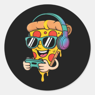 Lustige Frauen-Gamer-Pizza-Essen-Videospiel-Männer Runder Aufkleber