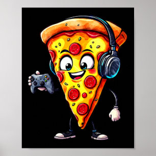 Lustige Gamer-Pizza-Essen-Videospiel-Männer-Jungen Poster