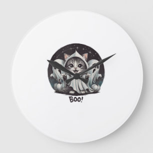 Lustige Geist Katze Boo Halloween Tier Geist Kitty Große Wanduhr