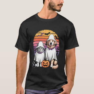 Lustige Geist Katze Hund Halloween Retro Sonnenunt T-Shirt