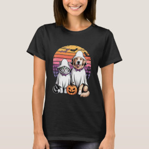 Lustige Geist Katze Hund Halloween Retro Sonnenunt T-Shirt